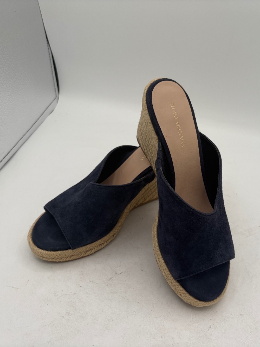 NEW Stuart Weitzman Navy Wonda Espadrille Wedge Heel Mules Sandals Size 6.5-7